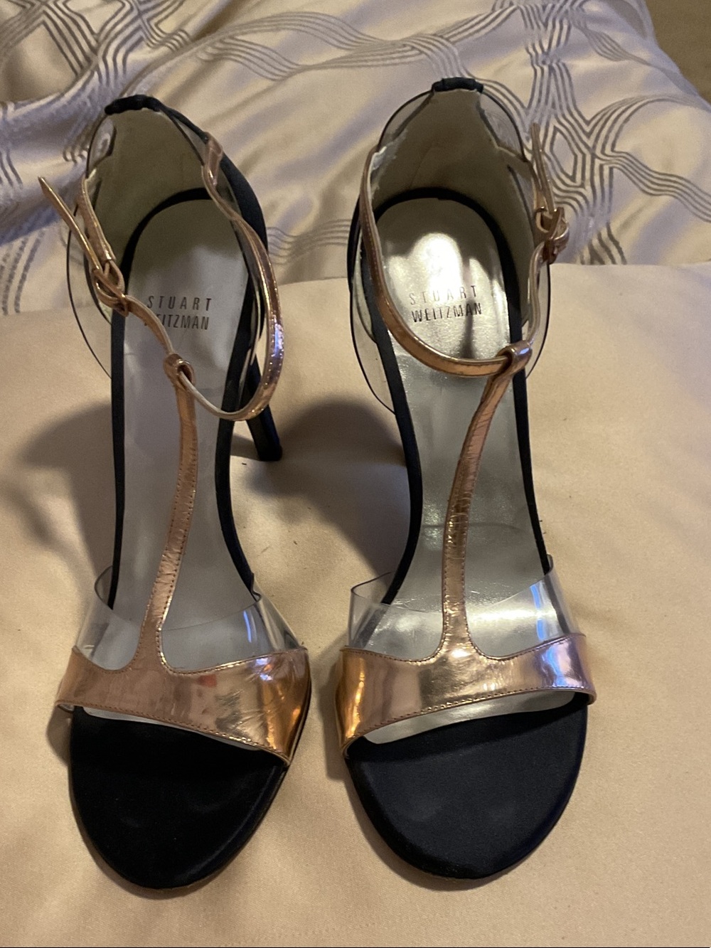 Stuart Weitzman Rose Gold and Black T-Strap High Heel Sandals